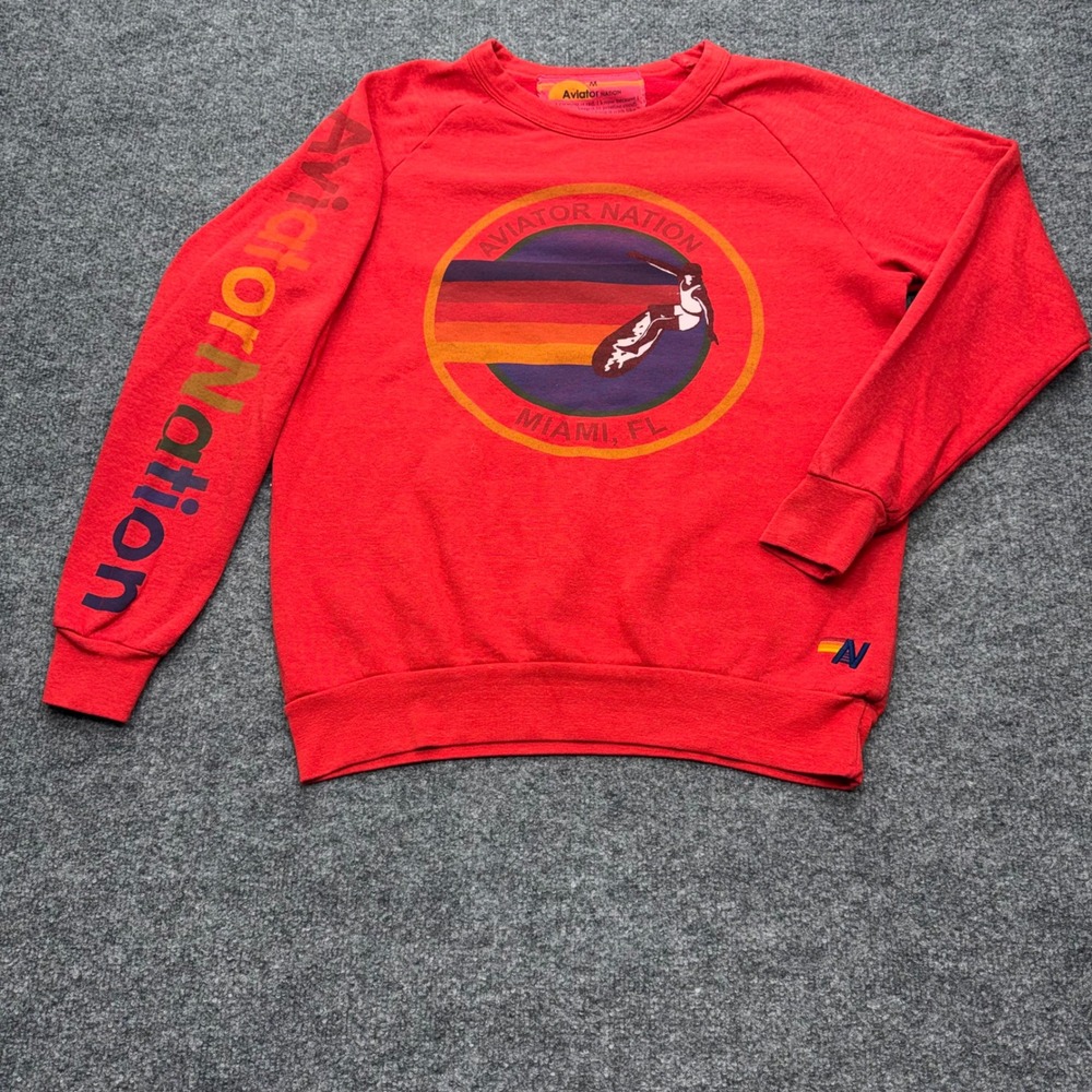 Aviator Nation Miami FL Surfer Graphic Sweatshirt Red Medium Raglan USA Made